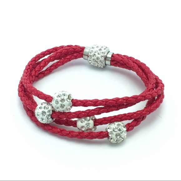 Cherryls Jewelry - Red Braided Leather Bracelet w Pave Crystal Accent